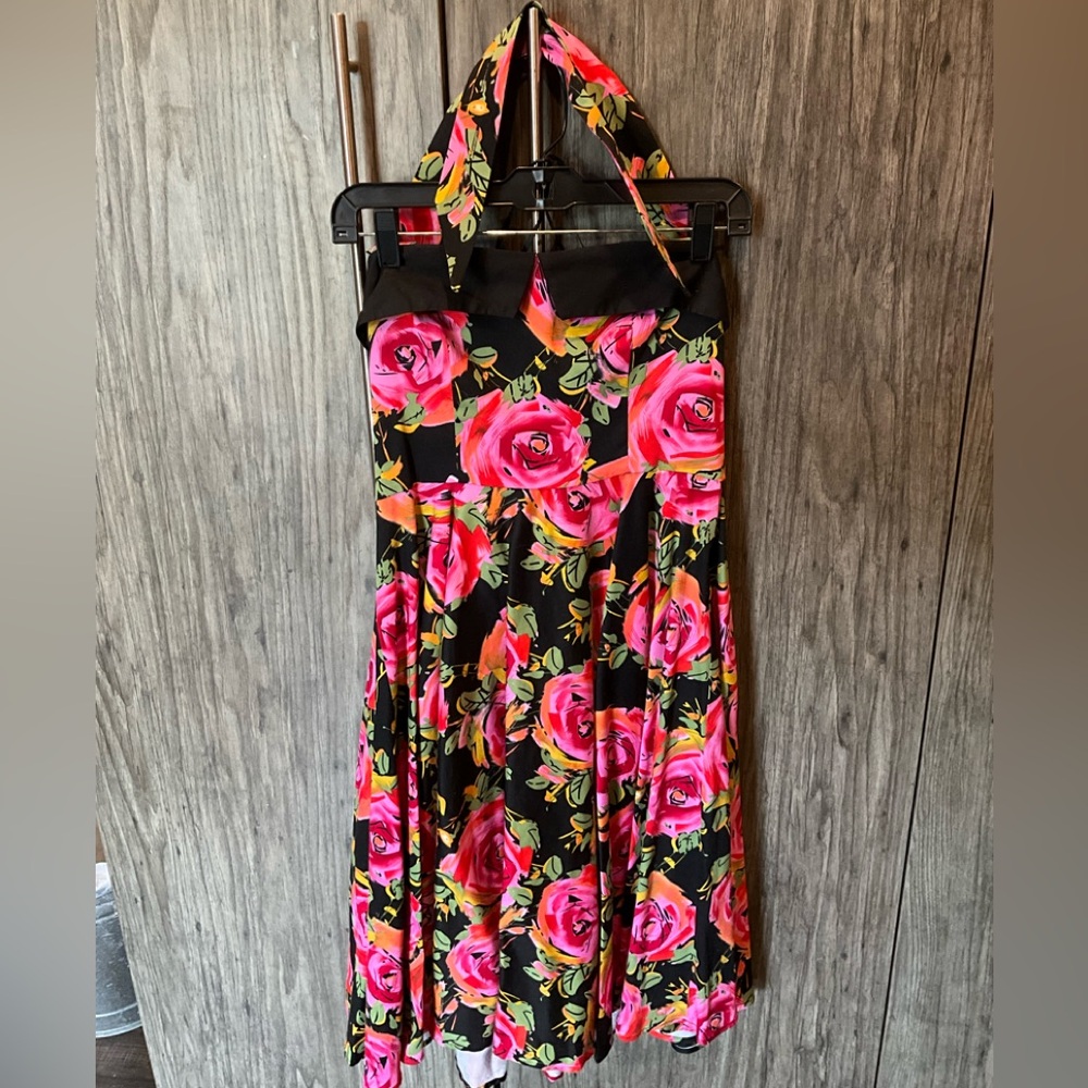 Tatyana Black Dress with Pink and Green Floral Accents